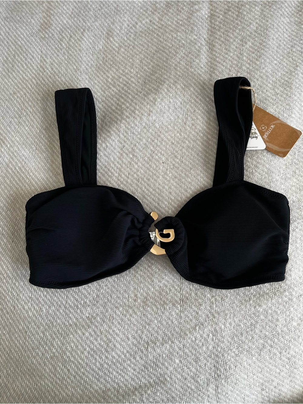 NWT Berlook Black Bikini Top ONLY with Gold Tone Ring Detail XL Textured Padded